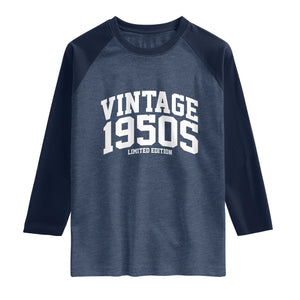 Vintage 1950s Limited Edition Raglan Shirt Vintage Varsity Funny Cool 1950 Theme TS10 Heather Denim Navy Print Your Wear