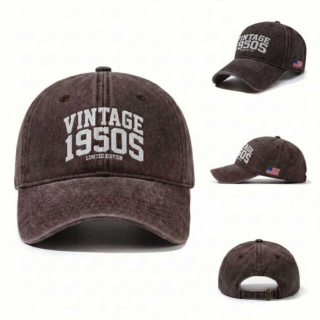 Vintage 1950s Limited Edition Washed Cotton Baseball Cap Vintage Varsity Funny Cool 1950 Theme TS10 Washed Cap Universal Fit Dark Brown Print Your Wear