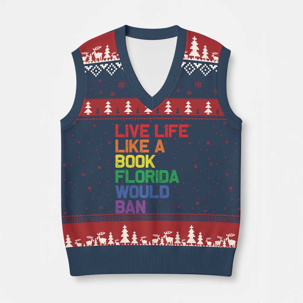 Retro Live Like Book In Florida LGBTQ Subtle Pride V-Neck Knit Sweater Vest Rainbow LGBTQIA Pride TS10 Navy Red Print Your Wear