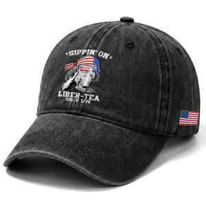 Funny 4th Of July Washed Cotton Baseball Cap Sippin On Liber Tea Liberty Ben Franklin 1776 USA Flag TS10 Print Your Wear