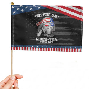 Funny 4th Of July Patriotic Handheld Flag Sippin On Liber Tea Liberty Ben Franklin 1776 USA Flag TS10 Distressed 8.2" × 5.5" Black Blue Print Your Wear
