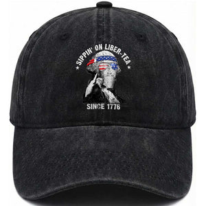 Funny George Washington Washed Cotton Baseball Cap 4th Of July Sippin On Liber Tea Liberty American Flag 1776 TS10 Washed Cap Universal Fit Black Print Your Wear