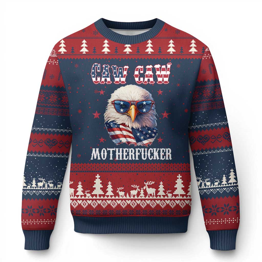 Bald Eagle Patriotic Ugly Christmas Sweater Caw Caw Motherfucker American Flag TS10 Navy Red Print Your Wear