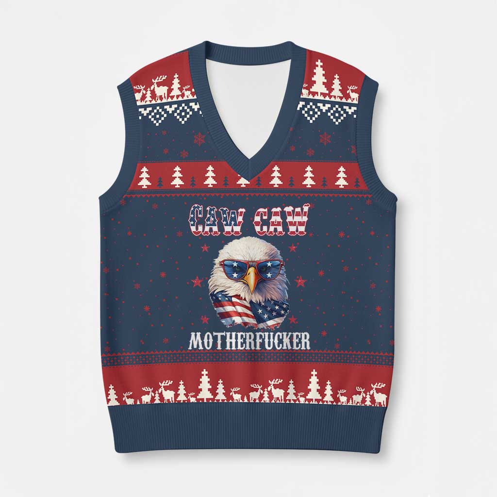 Bald Eagle Patriotic V-Neck Knit Sweater Vest Caw Caw Motherfucker American Flag TS10 Navy Red Print Your Wear