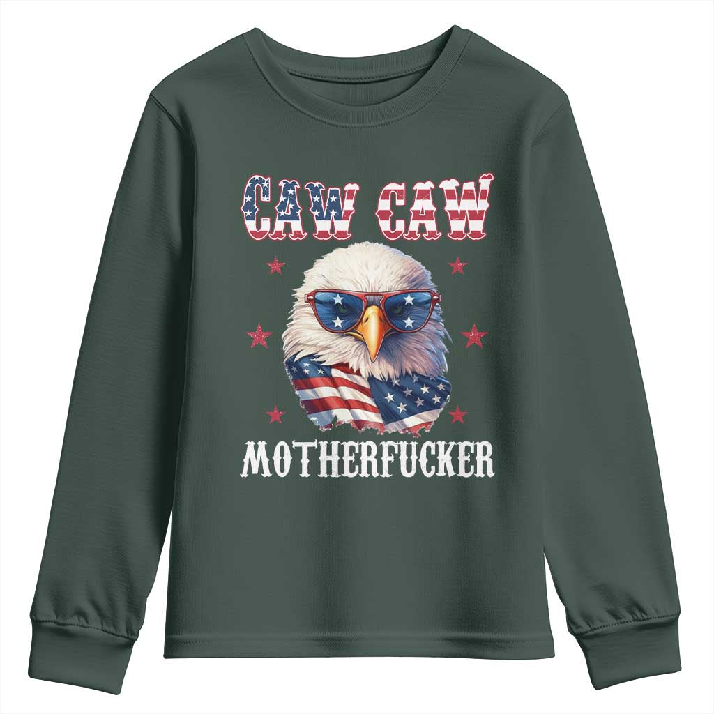 Bald Eagle Patriotic Youth Sweatshirt Caw Caw Motherfucker American Flag TS10 Dark Forest Green Print Your Wear