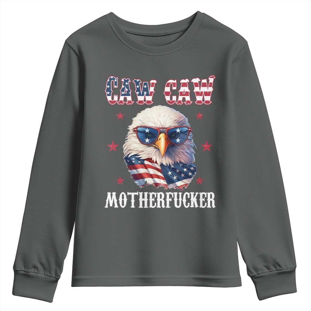 Bald Eagle Patriotic Youth Sweatshirt Caw Caw Motherfucker American Flag TS10 Dark Heather Print Your Wear