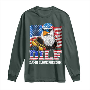 Funny Patriotic 4th Of July Long Sleeve Shirt Eagle DILF Damn I Love Freedom TS10 Dark Forest Green Print Your Wear