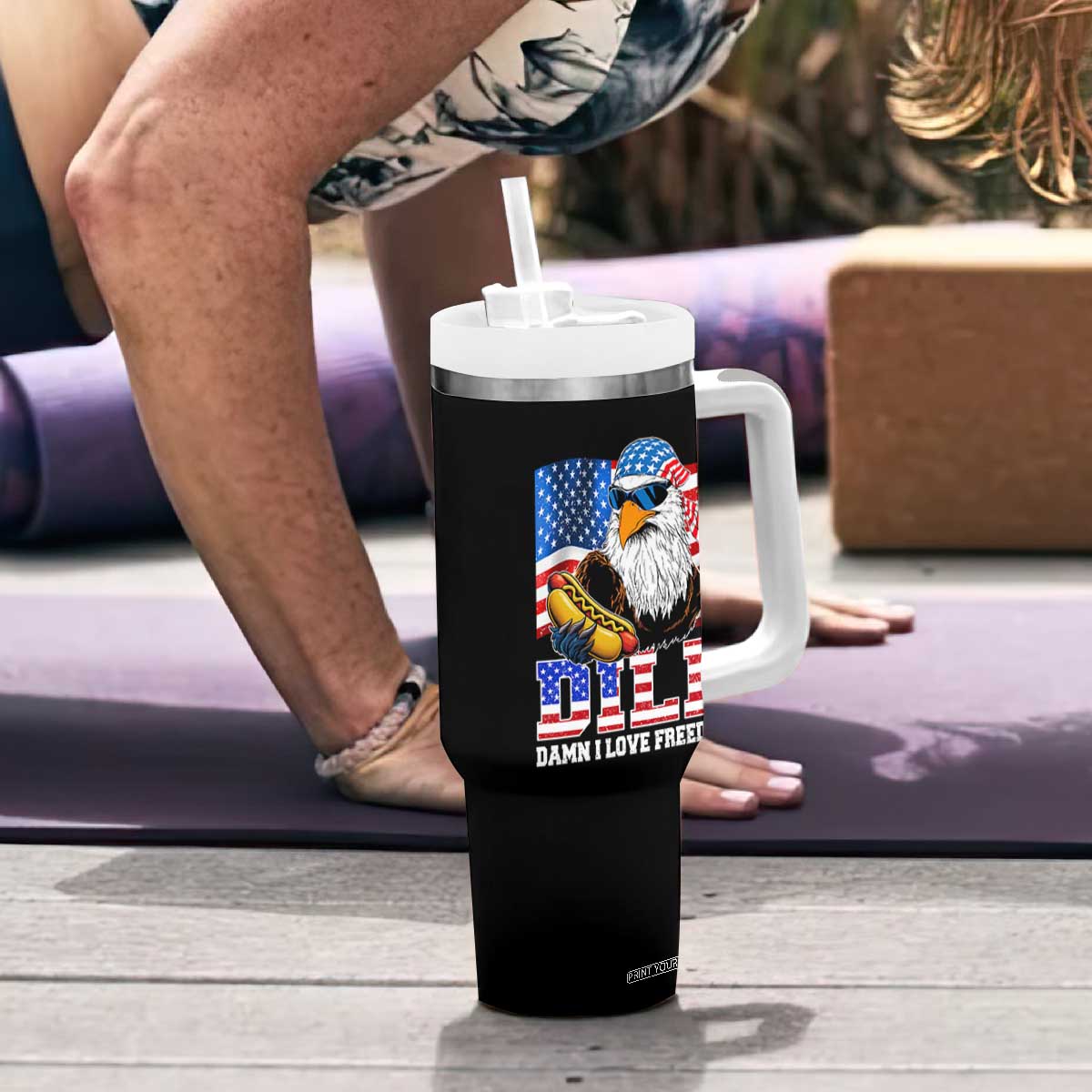 Funny Patriotic 4th Of July Tumbler With Handle Eagle DILF Damn I Love Freedom TS10 Print Your Wear