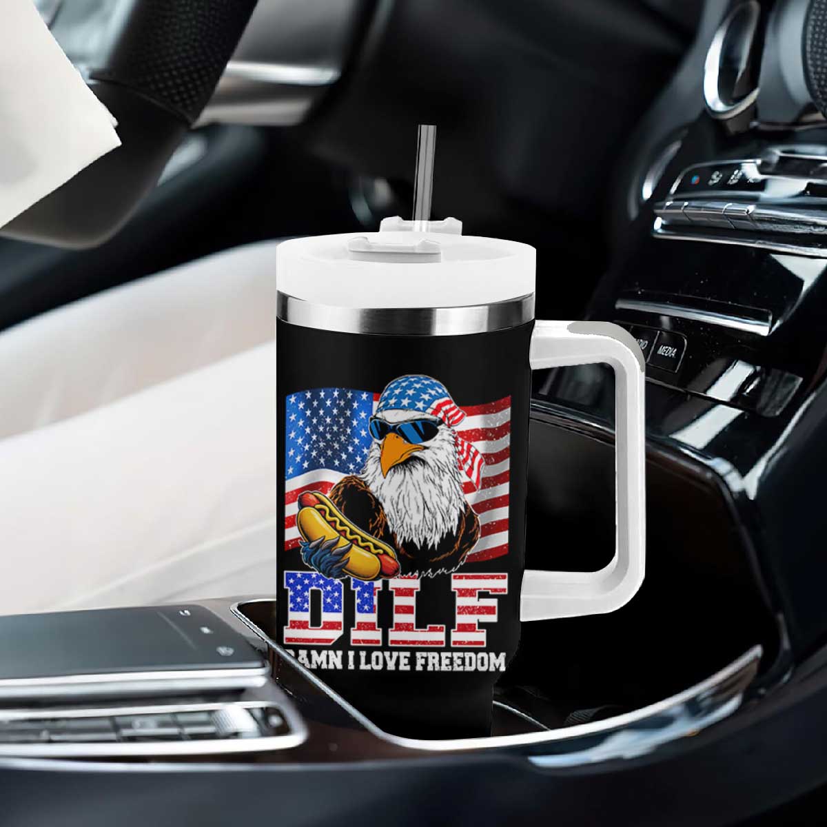Funny Patriotic 4th Of July Tumbler With Handle Eagle DILF Damn I Love Freedom TS10 Print Your Wear