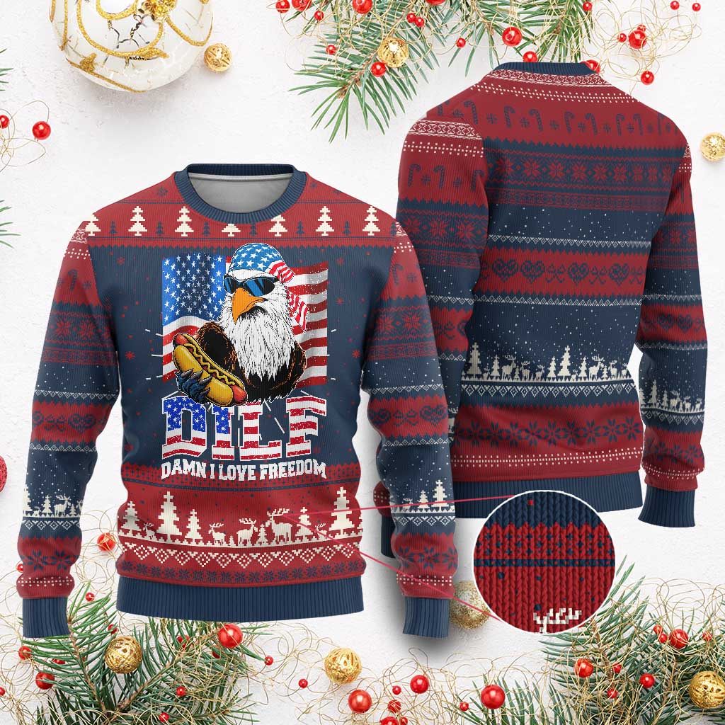 Funny Patriotic 4th Of July Knit Sweatshirt Eagle DILF Damn I Love Freedom TS10 Burgundy Print Your Wear