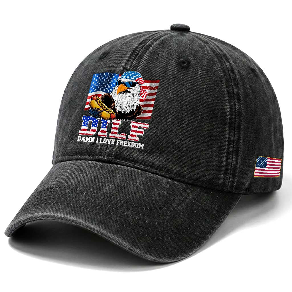Funny Patriotic 4th Of July Washed Cotton Baseball Cap Eagle DILF Damn I Love Freedom TS10 Print Your Wear