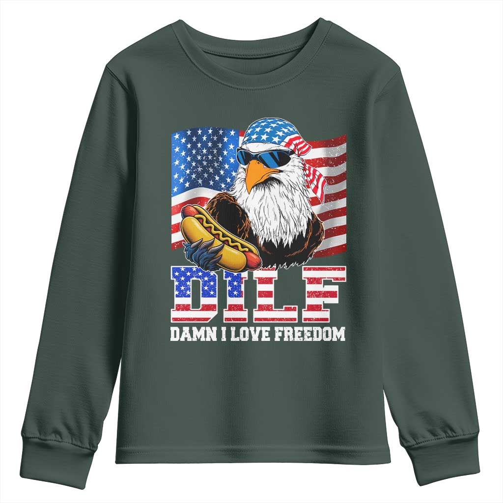 Funny Patriotic 4th Of July Youth Sweatshirt Eagle DILF Damn I Love Freedom TS10 Dark Forest Green Print Your Wear