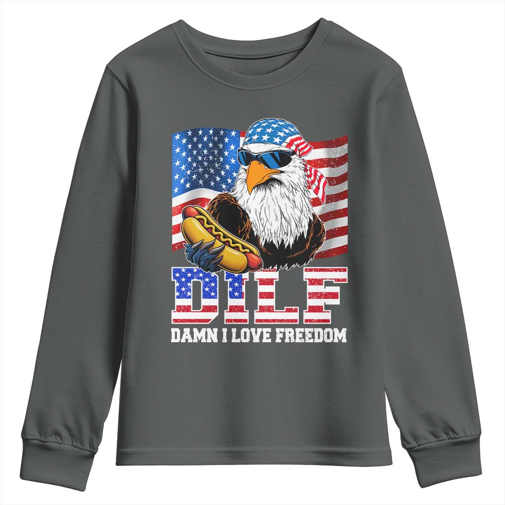 Funny Patriotic 4th Of July Youth Sweatshirt Eagle DILF Damn I Love Freedom TS10 Dark Heather Print Your Wear