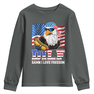 Funny Patriotic 4th Of July Youth Sweatshirt Eagle DILF Damn I Love Freedom TS10 Dark Heather Print Your Wear