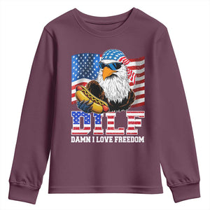 Funny Patriotic 4th Of July Youth Sweatshirt Eagle DILF Damn I Love Freedom TS10 Maroon Print Your Wear
