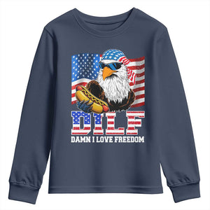 Funny Patriotic 4th Of July Youth Sweatshirt Eagle DILF Damn I Love Freedom TS10 Navy Print Your Wear