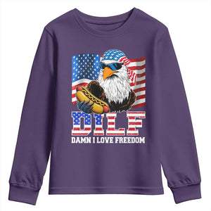 Funny Patriotic 4th Of July Youth Sweatshirt Eagle DILF Damn I Love Freedom TS10 Purple Print Your Wear