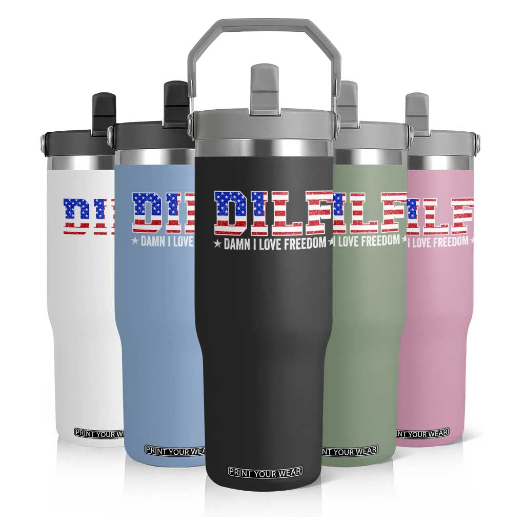 Funny Patriotic 4th Of July Flip Straw Tumbler DILF Damn I Love Freedom American Flag TS10 Print Your Wear
