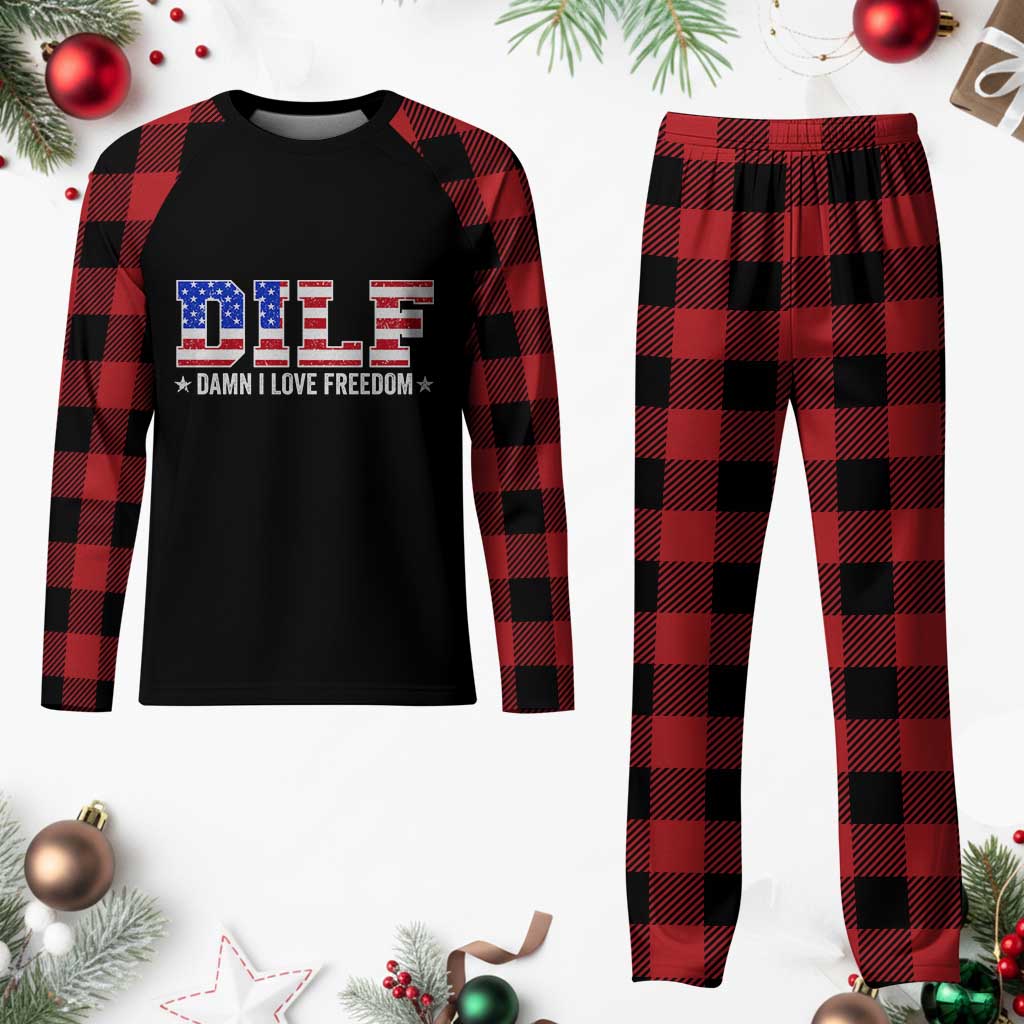 Funny Patriotic 4th Of July Plaid Pajama Set DILF Damn I Love Freedom American Flag TS10 Buffalo Plaid Print Your Wear