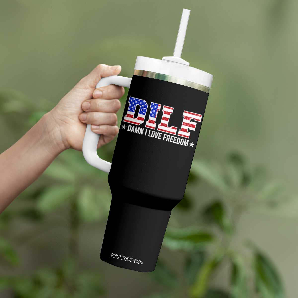 Funny Patriotic 4th Of July Tumbler With Handle DILF Damn I Love Freedom American Flag TS10 Print Your Wear
