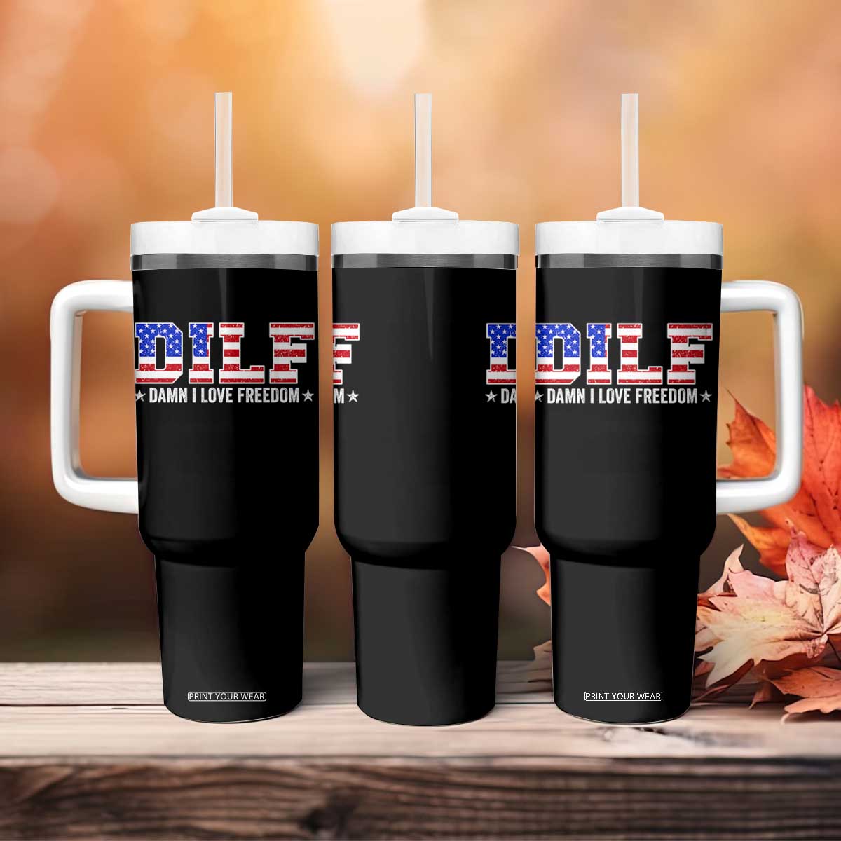 Funny Patriotic 4th Of July Tumbler With Handle DILF Damn I Love Freedom American Flag TS10 Print Your Wear