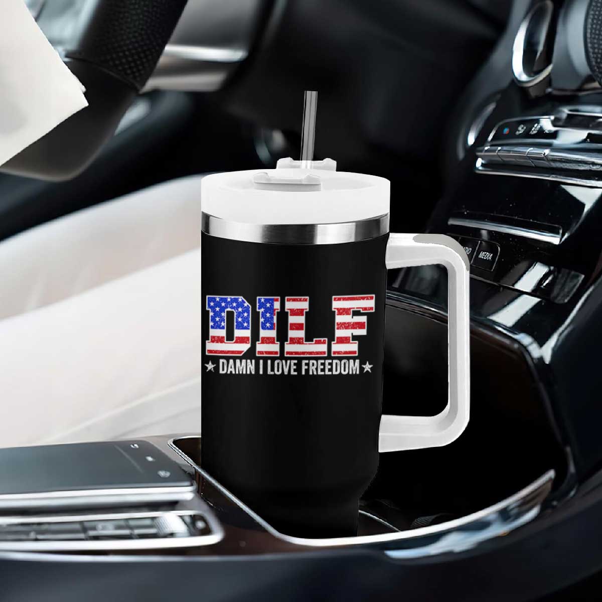 Funny Patriotic 4th Of July Tumbler With Handle DILF Damn I Love Freedom American Flag TS10 Print Your Wear