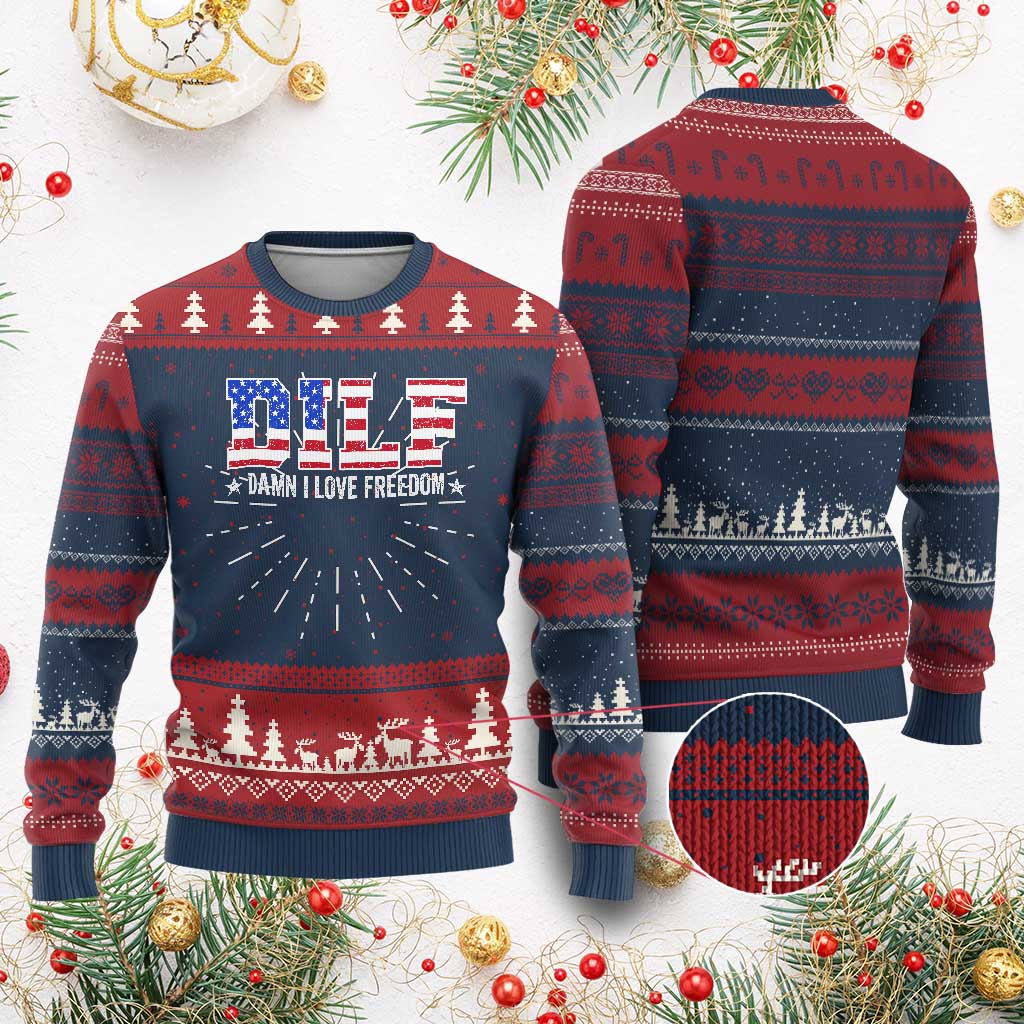 Funny Patriotic 4th Of July Knit Sweatshirt DILF Damn I Love Freedom American Flag TS10 Burgundy Print Your Wear