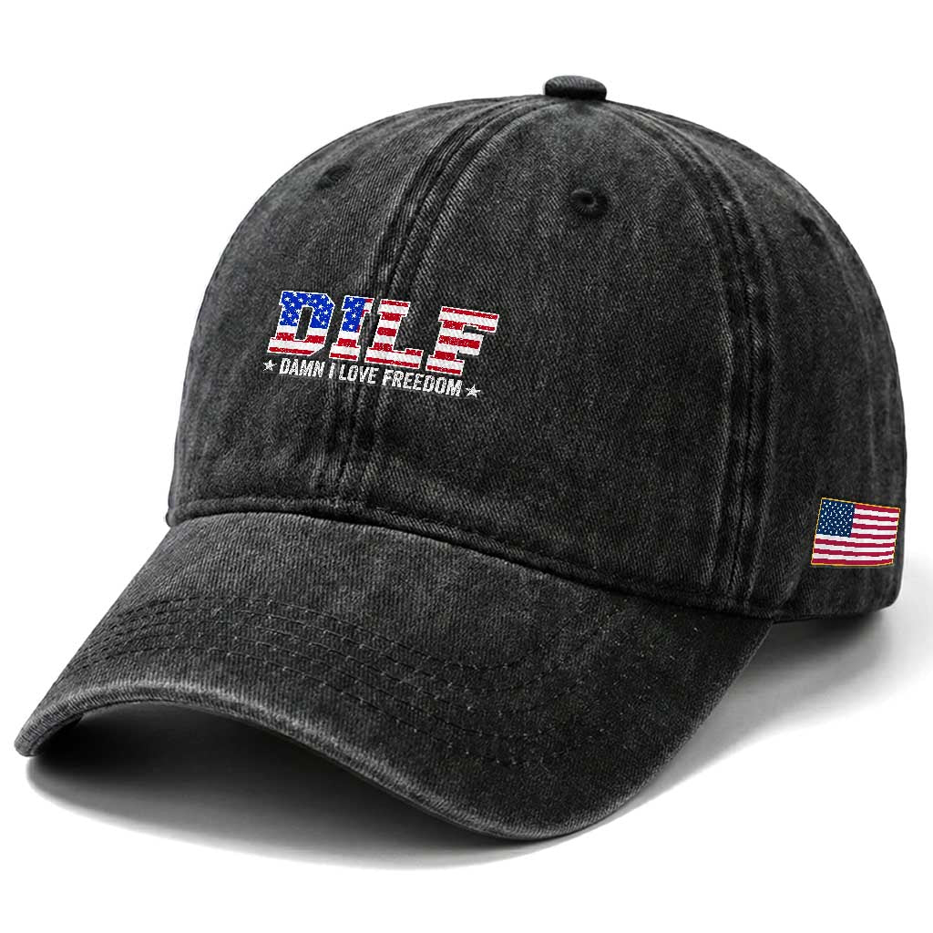 Funny Patriotic 4th Of July Washed Cotton Baseball Cap DILF Damn I Love Freedom American Flag TS10 Print Your Wear