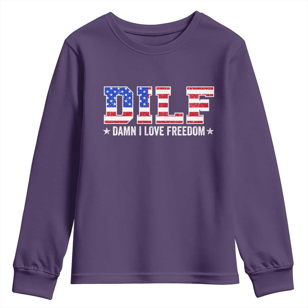 Funny Patriotic 4th Of July Youth Sweatshirt DILF Damn I Love Freedom American Flag TS10 Purple Print Your Wear