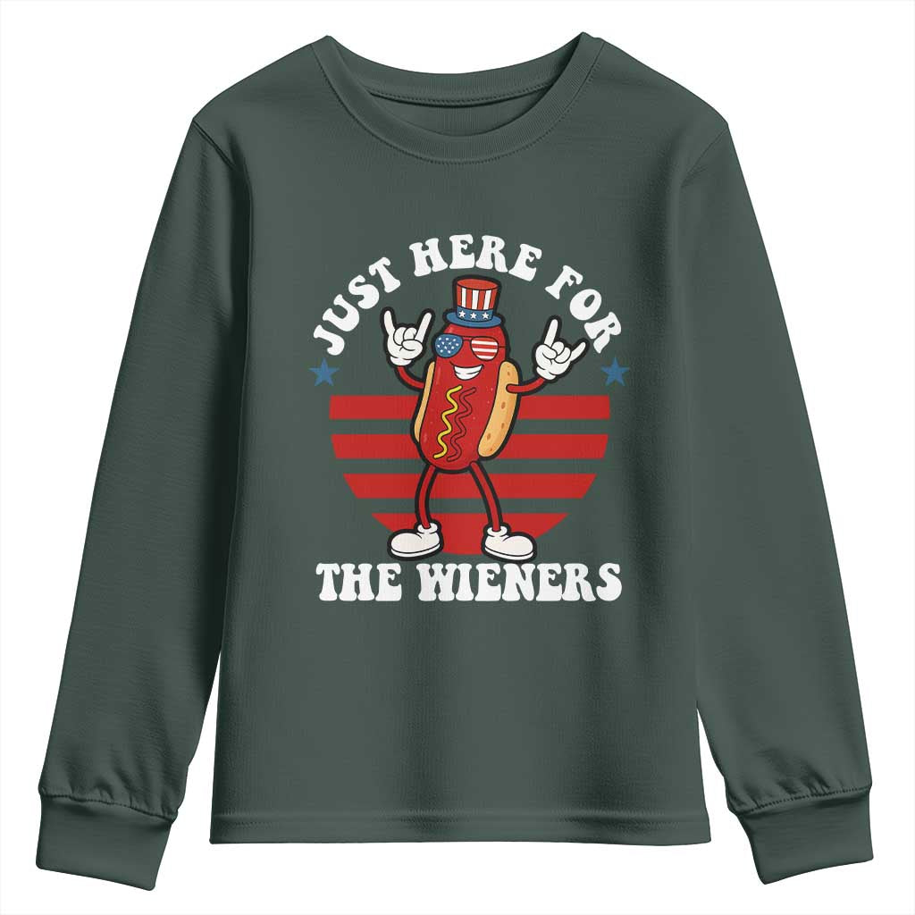 Funny 4th Of July Youth Sweatshirt I'm Just Here for The Wieners Hot Dog TS10 Dark Forest Green Print Your Wear