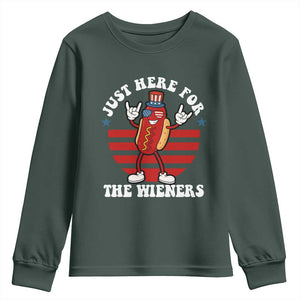 Funny 4th Of July Youth Sweatshirt I'm Just Here for The Wieners Hot Dog TS10 Dark Forest Green Print Your Wear