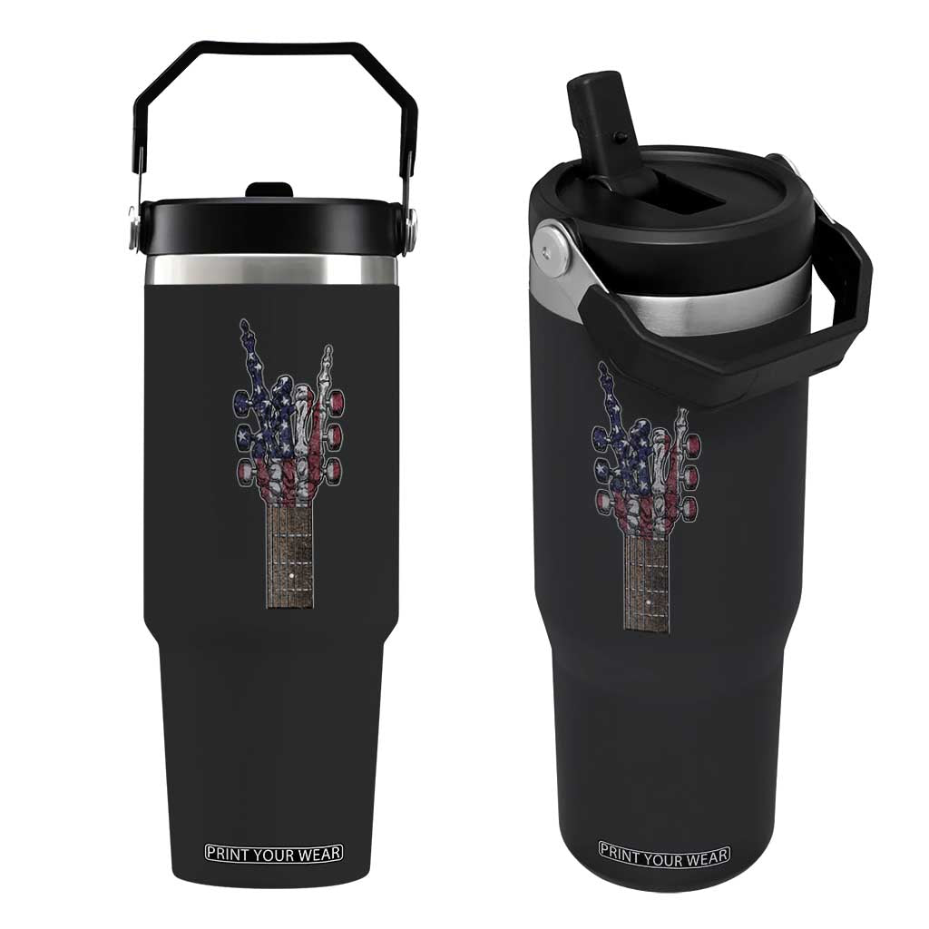 Rock On Skeleton Hand Guitar Flip Straw Tumbler Retro American Flag Heavy Metal Guitarist TS10 One Size: 30 oz Black Print Your Wear