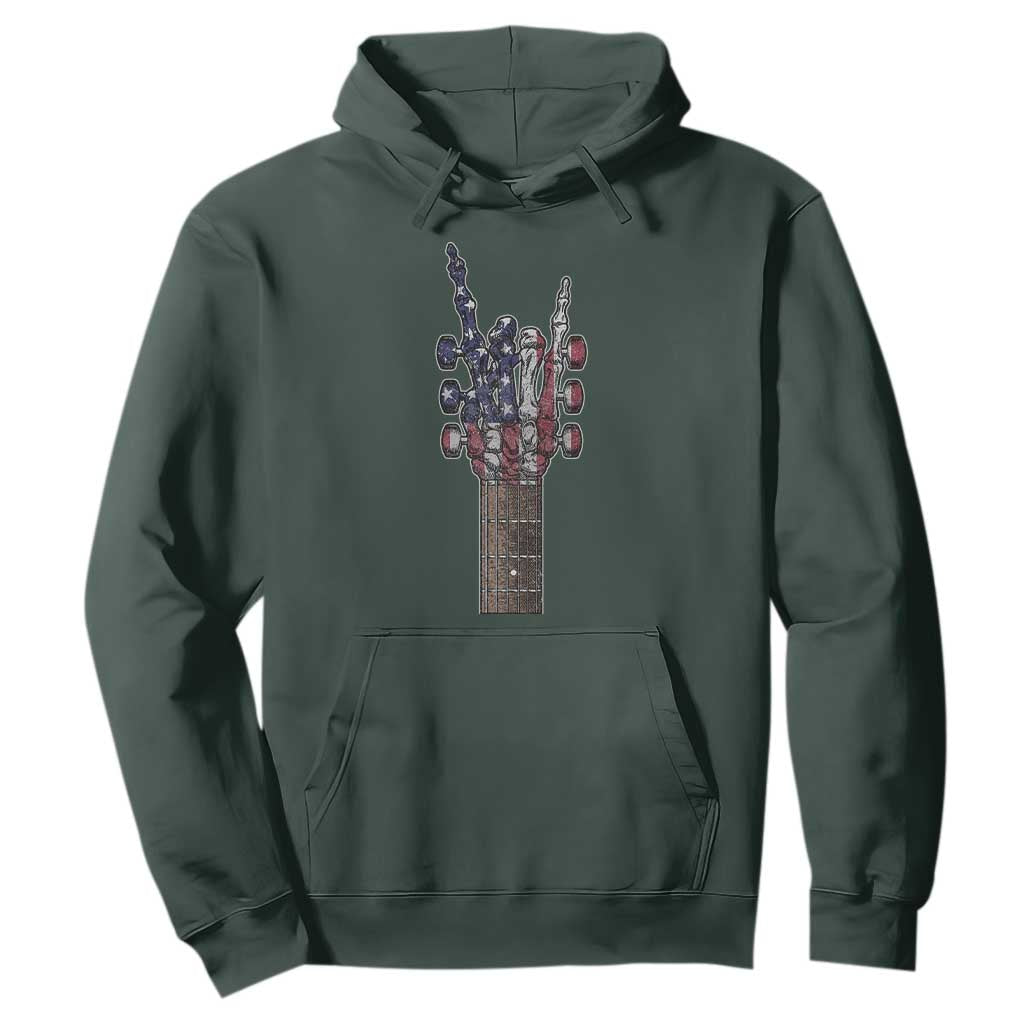 Rock On Skeleton Hand Guitar Hoodie Retro American Flag Heavy Metal Guitarist TS10 Dark Forest Green Print Your Wear