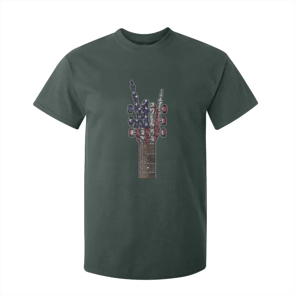 Rock On Skeleton Hand Guitar T Shirt For Kid Retro American Flag Heavy Metal Guitarist TS10 Dark Forest Green Print Your Wear