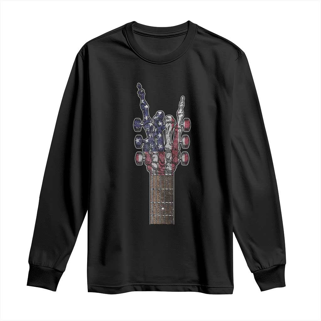 Rock On Skeleton Hand Guitar Long Sleeve Shirt Retro American Flag Heavy Metal Guitarist TS10 Black Print Your Wear