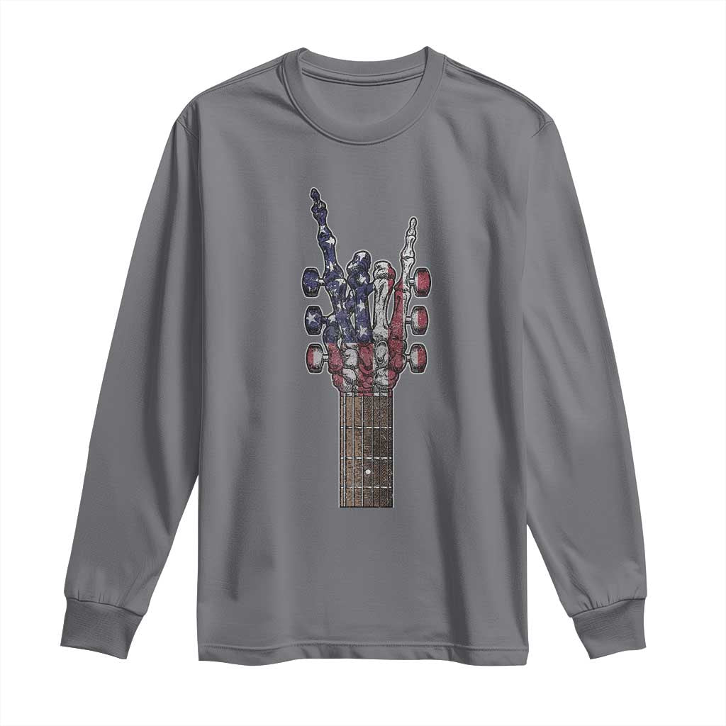 Rock On Skeleton Hand Guitar Long Sleeve Shirt Retro American Flag Heavy Metal Guitarist TS10 Charcoal Print Your Wear