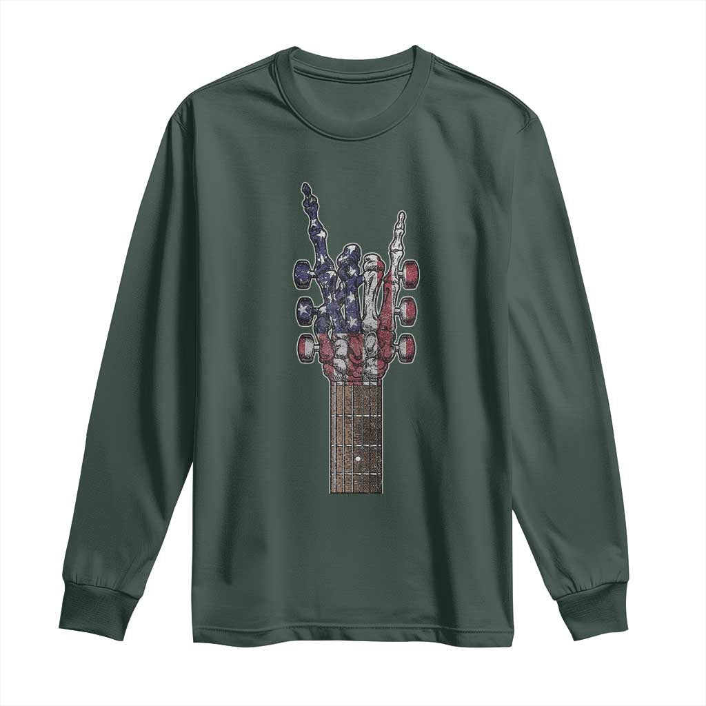 Rock On Skeleton Hand Guitar Long Sleeve Shirt Retro American Flag Heavy Metal Guitarist TS10 Dark Forest Green Print Your Wear