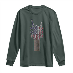 Rock On Skeleton Hand Guitar Long Sleeve Shirt Retro American Flag Heavy Metal Guitarist TS10 Dark Forest Green Print Your Wear