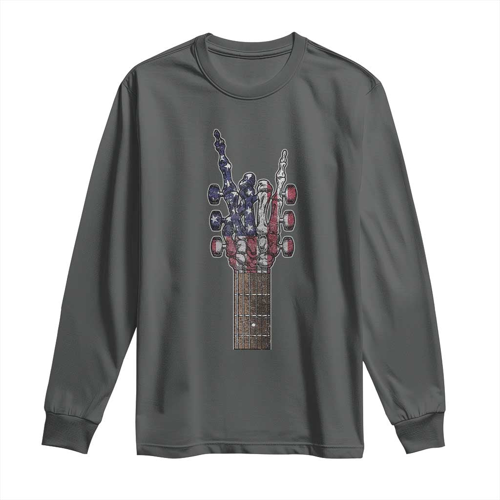 Rock On Skeleton Hand Guitar Long Sleeve Shirt Retro American Flag Heavy Metal Guitarist TS10 Dark Heather Print Your Wear
