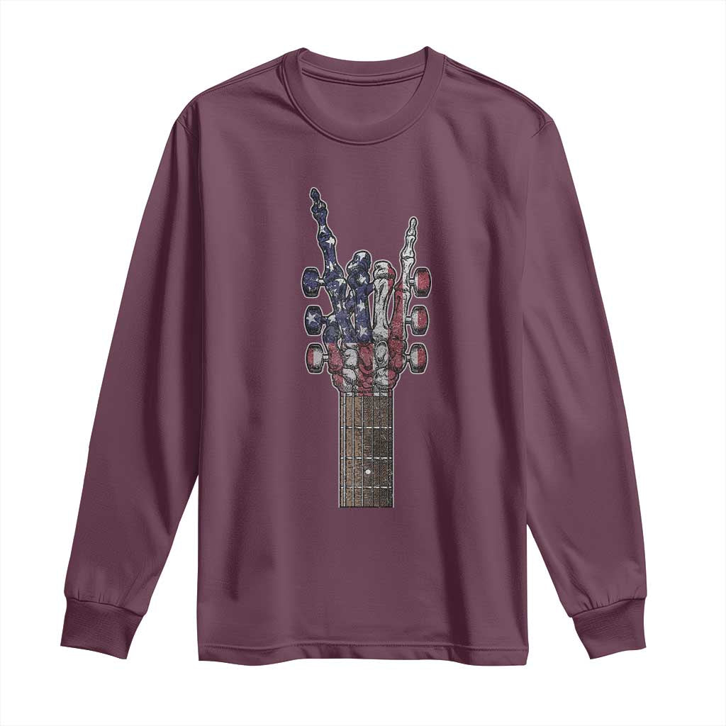 Rock On Skeleton Hand Guitar Long Sleeve Shirt Retro American Flag Heavy Metal Guitarist TS10 Maroon Print Your Wear
