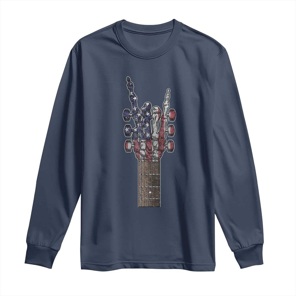 Rock On Skeleton Hand Guitar Long Sleeve Shirt Retro American Flag Heavy Metal Guitarist TS10 Navy Print Your Wear