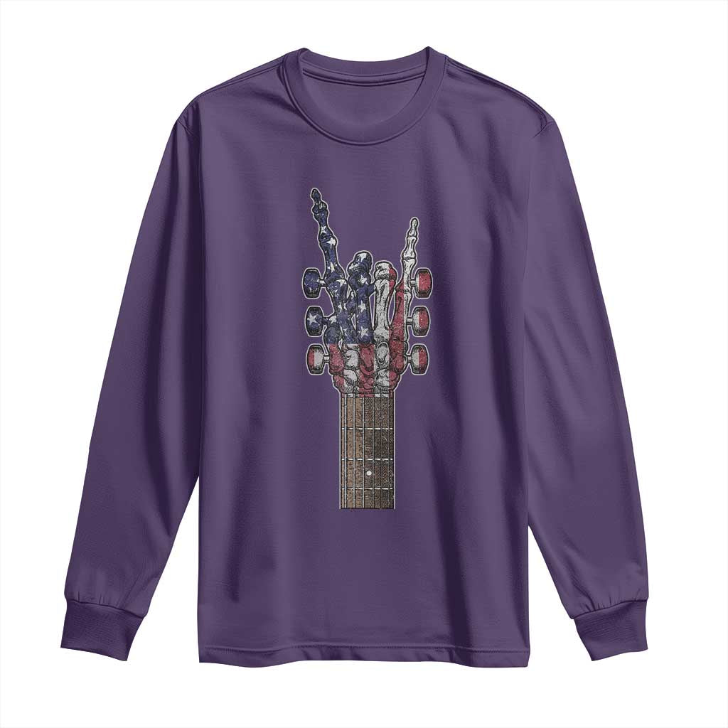 Rock On Skeleton Hand Guitar Long Sleeve Shirt Retro American Flag Heavy Metal Guitarist TS10 Purple Print Your Wear