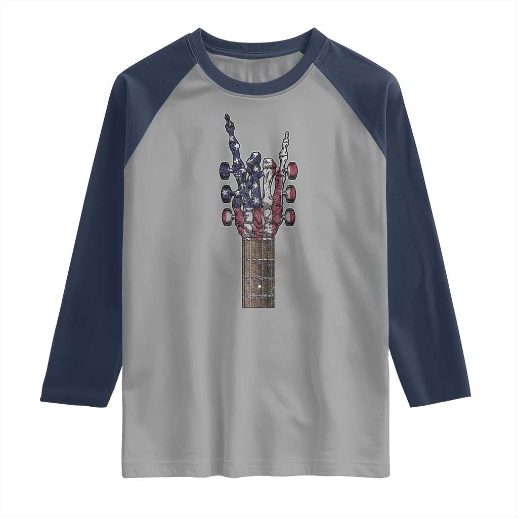 Rock On Skeleton Hand Guitar Raglan Shirt Retro American Flag Heavy Metal Guitarist TS10 Sport Gray Navy Print Your Wear