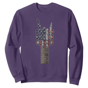 Rock On Skeleton Hand Guitar Sweatshirt Retro American Flag Heavy Metal Guitarist TS10 Purple Print Your Wear