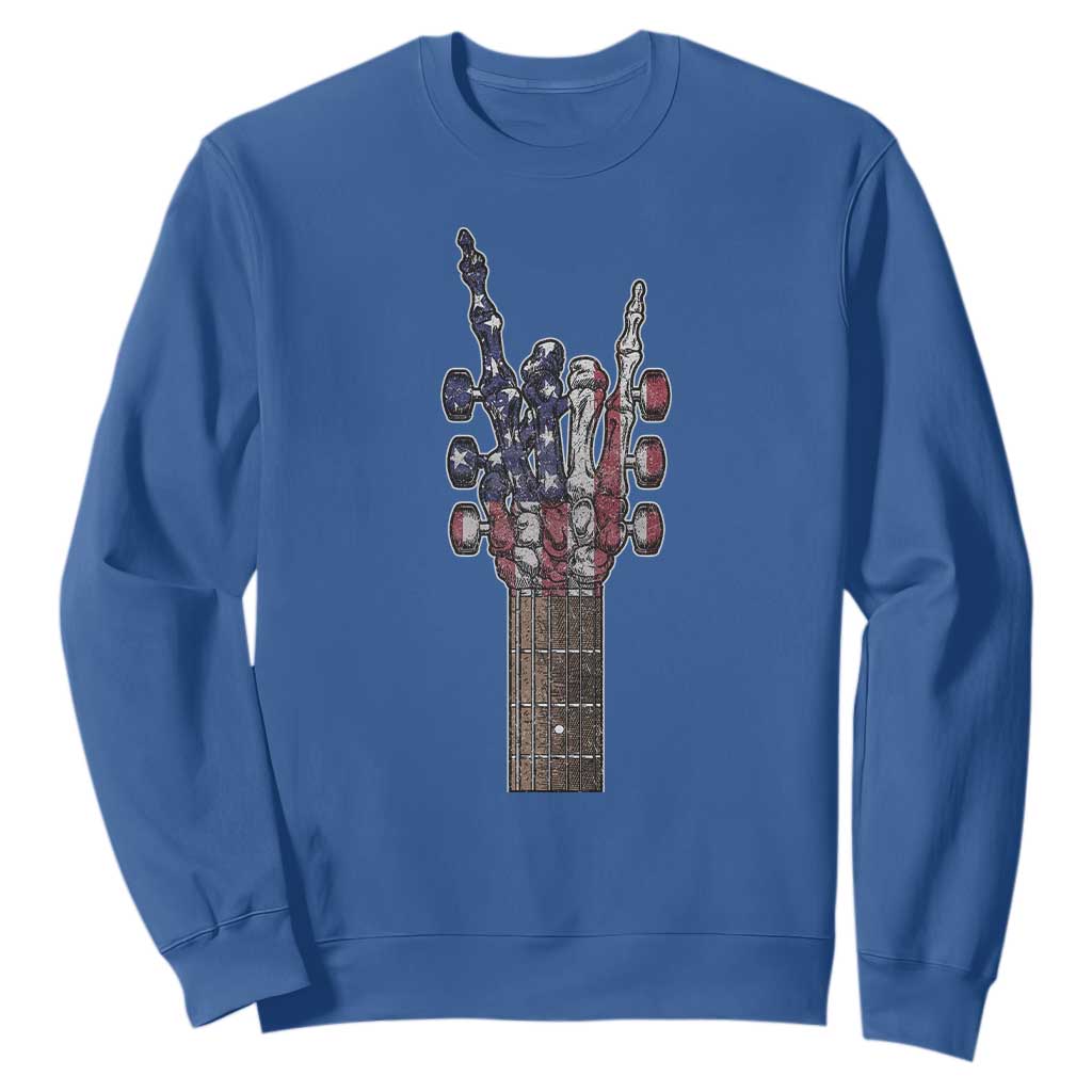 Rock On Skeleton Hand Guitar Sweatshirt Retro American Flag Heavy Metal Guitarist TS10 Royal Blue Print Your Wear