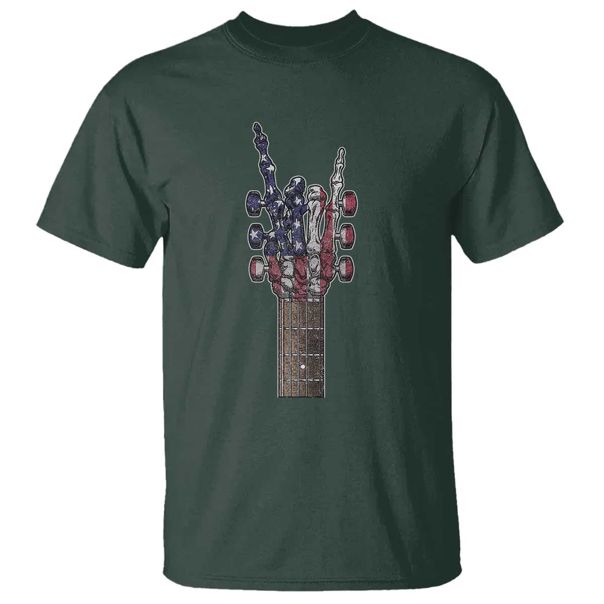 Rock On Skeleton Hand Guitar T Shirt Retro American Flag Heavy Metal Guitarist TS10 Dark Forest Green Print Your Wear