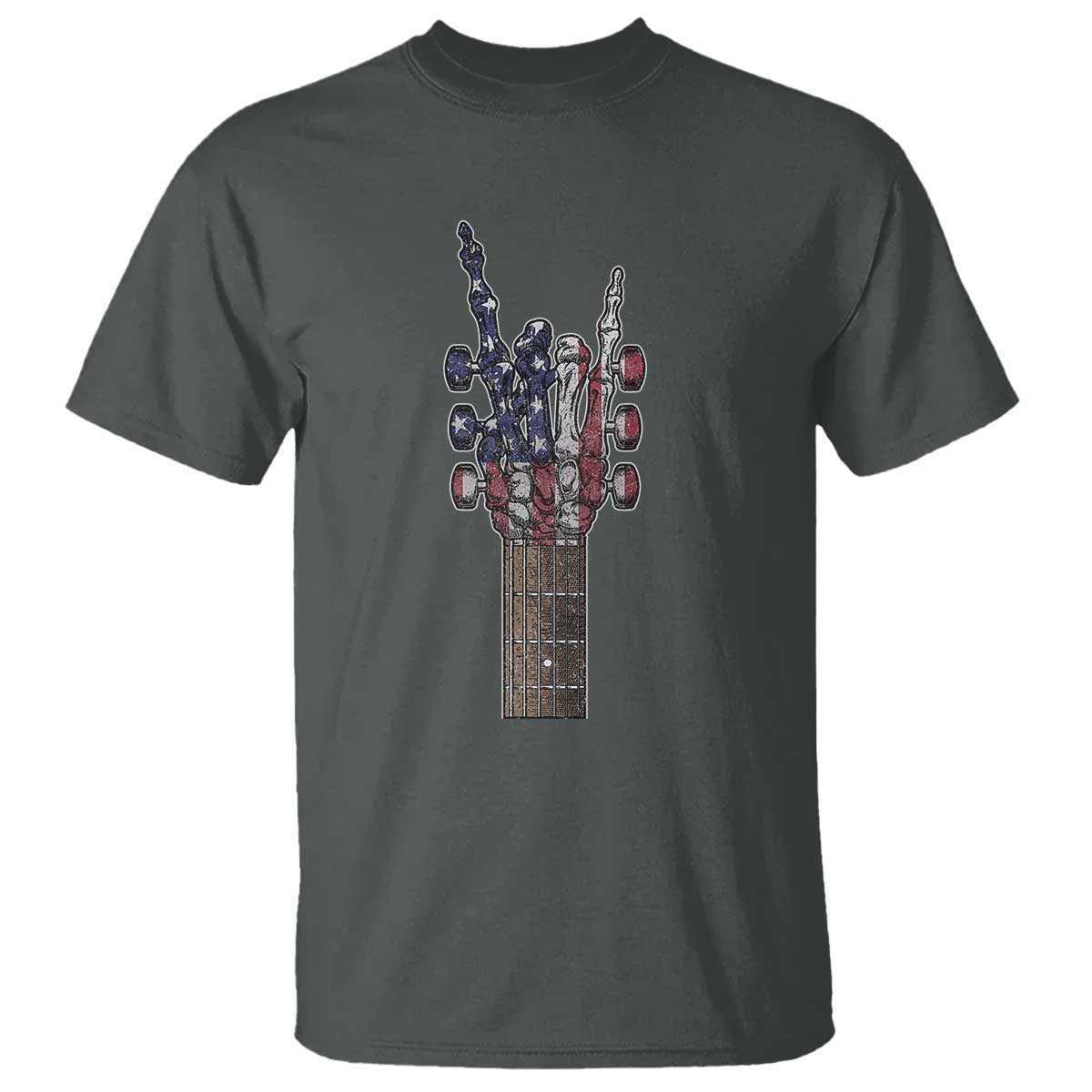 Rock On Skeleton Hand Guitar T Shirt Retro American Flag Heavy Metal Guitarist TS10 Dark Heather Print Your Wear