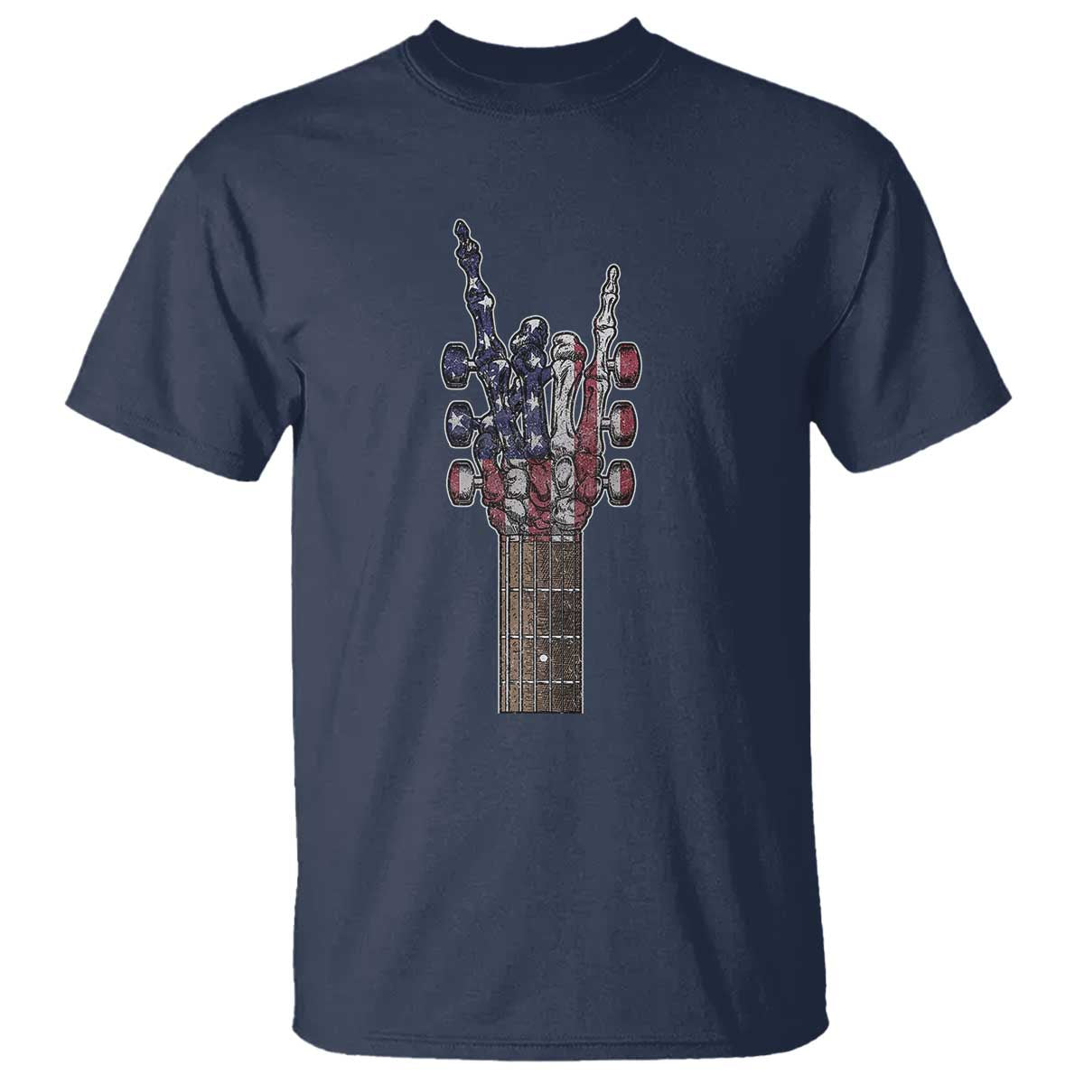 Rock On Skeleton Hand Guitar T Shirt Retro American Flag Heavy Metal Guitarist TS10 Navy Print Your Wear