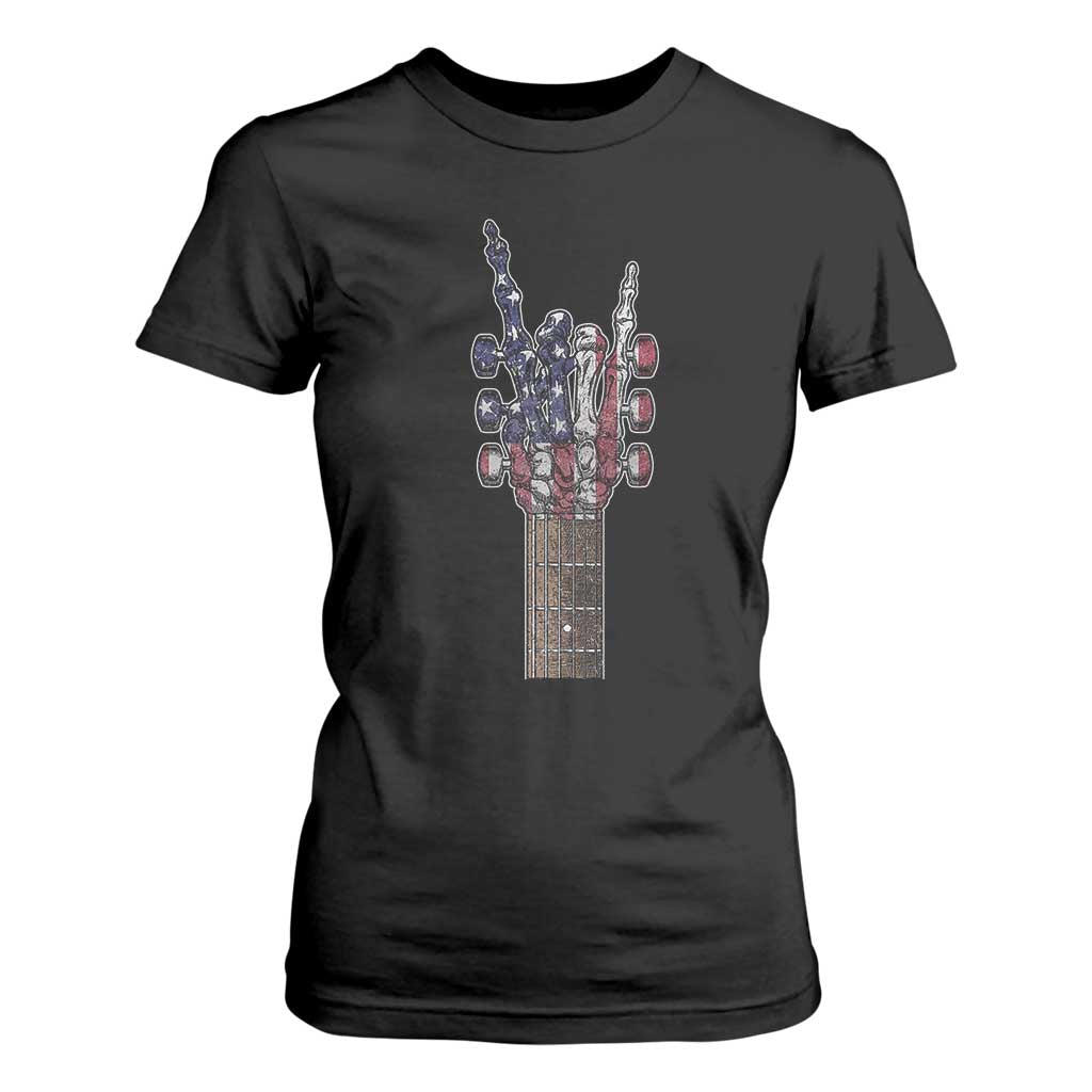 Rock On Skeleton Hand Guitar T Shirt For Women Retro American Flag Heavy Metal Guitarist TS10 Black Print Your Wear