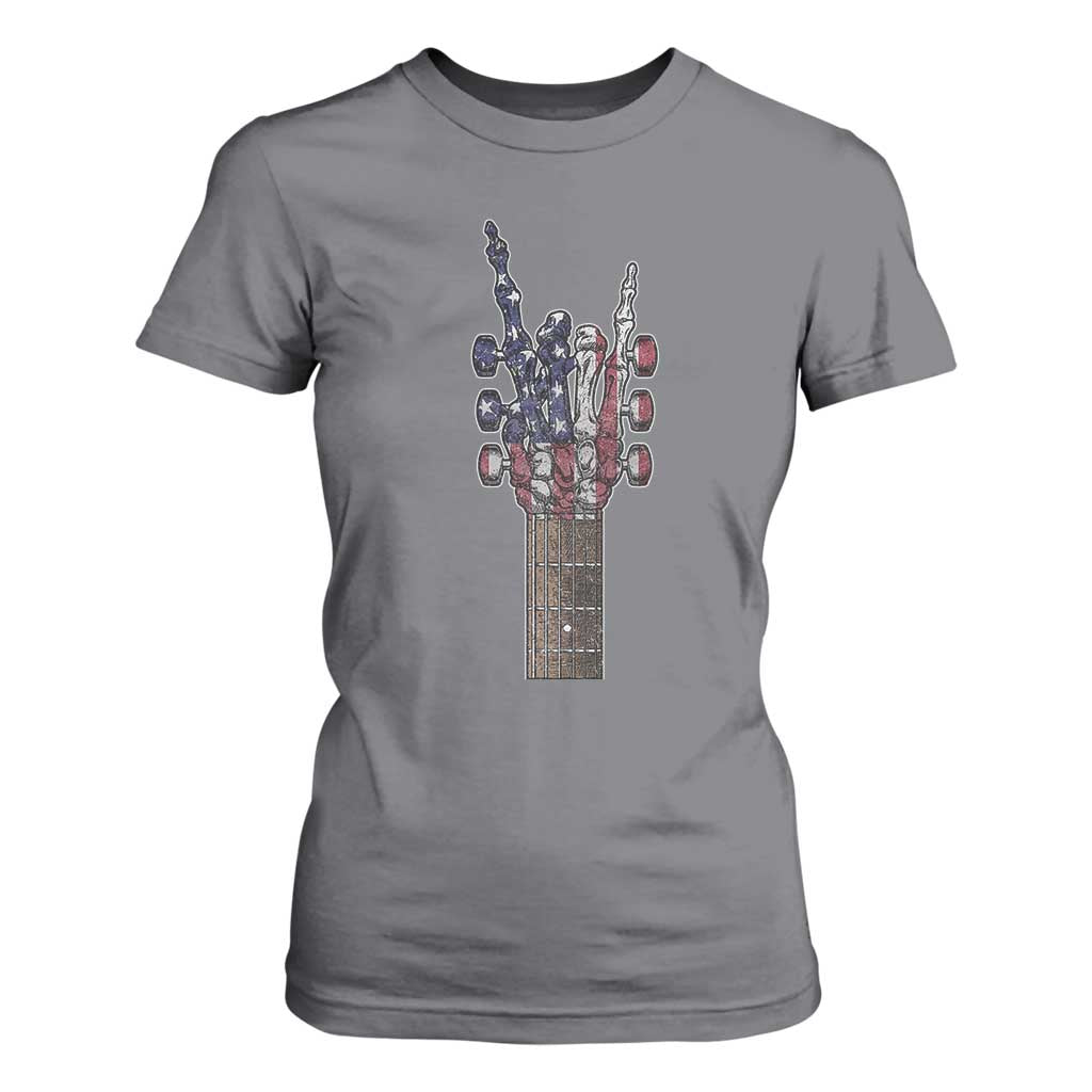 Rock On Skeleton Hand Guitar T Shirt For Women Retro American Flag Heavy Metal Guitarist TS10 Charcoal Print Your Wear